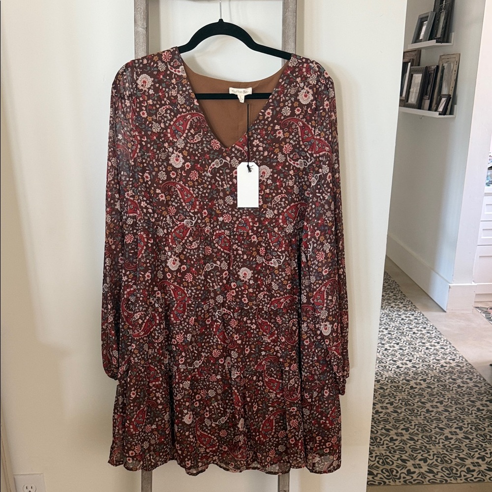 Floral V-Neck Dress in Red and Brown NWT